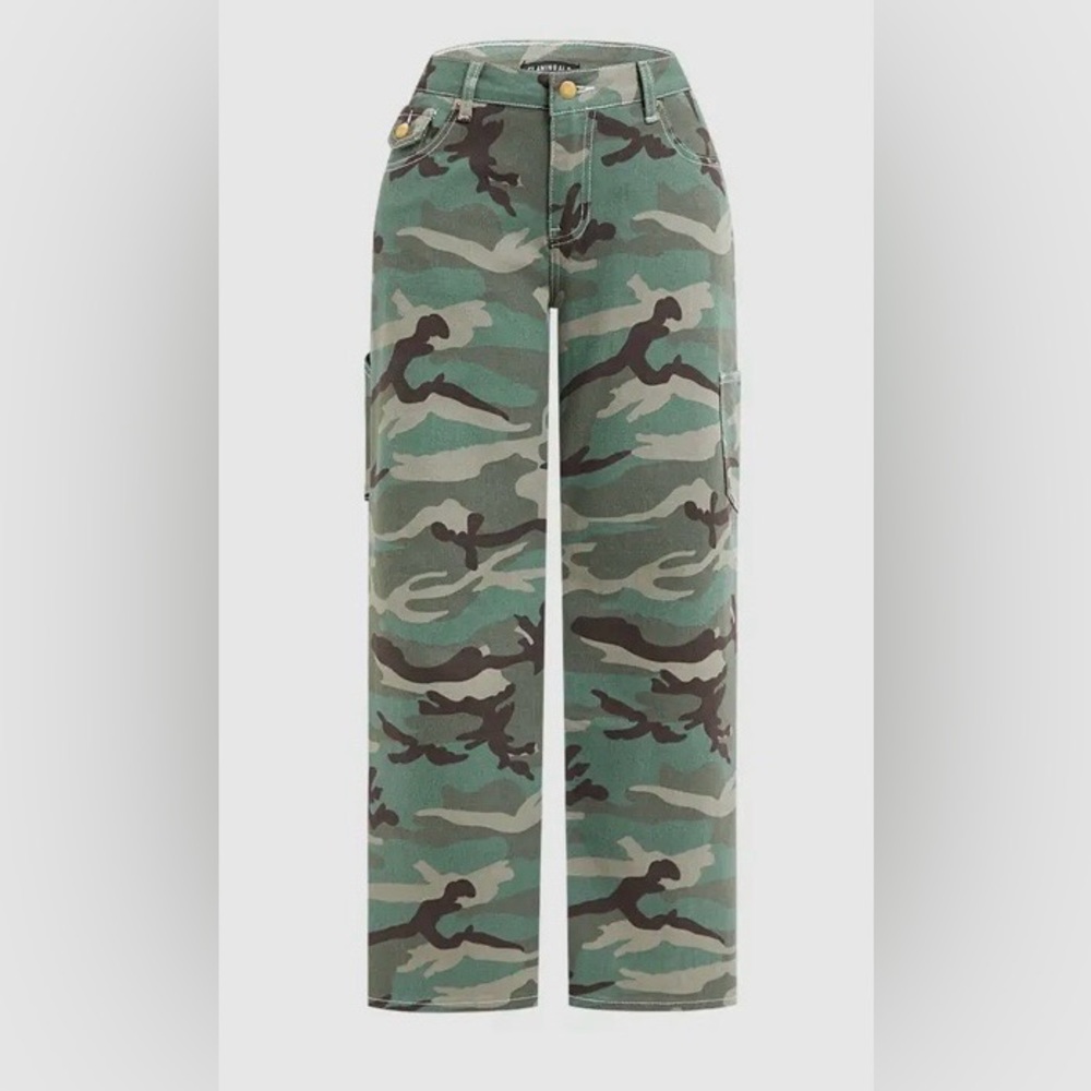 Flamingals Camo Mid Rise Straight Leg Jeans Size Large NWT - Picture 3 of 12